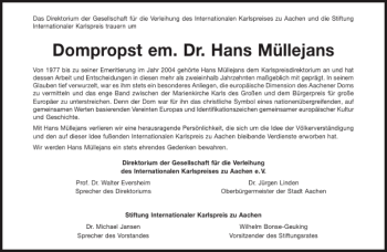 Traueranzeige von Dompropst em. Dr. Hans Müllejans von Aachener Zeitung / Aachener Nachrichten