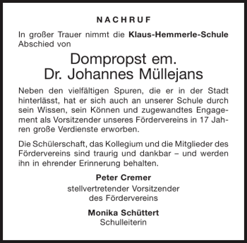 Traueranzeige von Dompropst em. Dr. Johannes Müllejans von Aachener Zeitung / Aachener Nachrichten