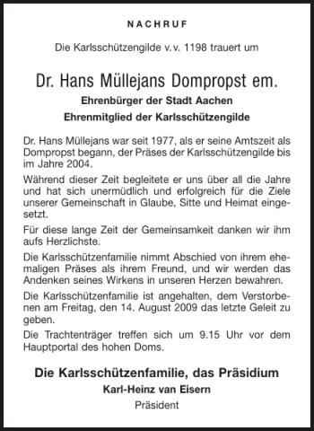 Traueranzeige von Dr. Hans Müllejans Dompropst em von Aachener Zeitung / Aachener Nachrichten