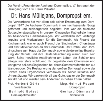 Traueranzeige von Dr. Hans Müllejans Dompropst em von Aachener Zeitung / Aachener Nachrichten