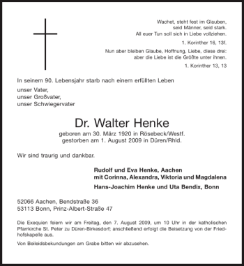 Traueranzeige von Dr. Walter Henke von Aachener Zeitung / Aachener Nachrichten