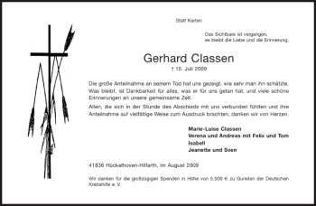 Traueranzeige von Gerhard Classen von Aachener Zeitung / Aachener Nachrichten