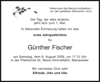 Traueranzeige von Günther Fischer von Aachener Zeitung / Aachener Nachrichten