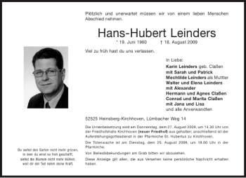 Traueranzeige von Hans-Hubert Leinders von Aachener Zeitung / Aachener Nachrichten