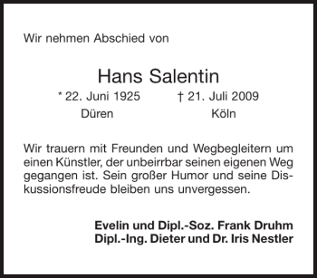 Traueranzeige von Hans Salentin von Aachener Zeitung / Aachener Nachrichten