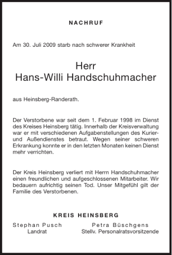 Traueranzeige von Hans-Willi Handschuhmacher von Aachener Zeitung / Aachener Nachrichten