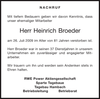 Traueranzeige von Heinrich Broeder von Aachener Zeitung / Aachener Nachrichten