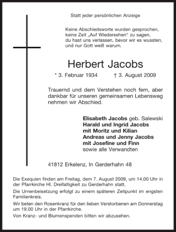 Traueranzeige von Herbert Jacobs von Aachener Zeitung / Aachener Nachrichten
