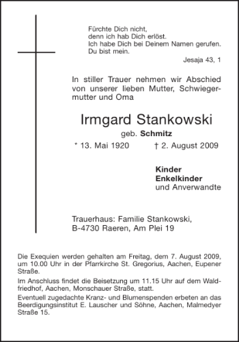 Traueranzeige von Irmgard Stankowski von Aachener Zeitung / Aachener Nachrichten