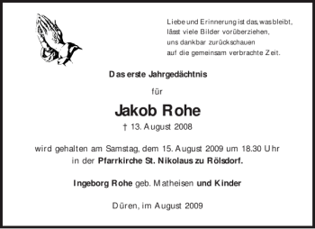 Traueranzeige von Jakob Rohe von Aachener Zeitung / Aachener Nachrichten