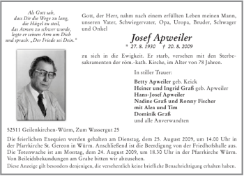 Traueranzeige von Josef Apweiler von Aachener Zeitung / Aachener Nachrichten