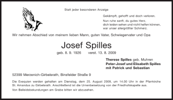 Traueranzeige von Josef Spilles von Aachener Zeitung / Aachener Nachrichten