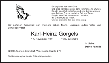 Traueranzeige von Karl-Heinz Gorgels von Aachener Zeitung / Aachener Nachrichten