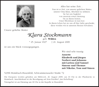 Traueranzeige von Klara Stockmann von Aachener Zeitung / Aachener Nachrichten
