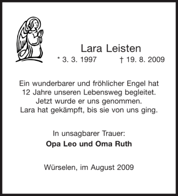 Traueranzeige von Lara Leisten von Aachener Zeitung / Aachener Nachrichten
