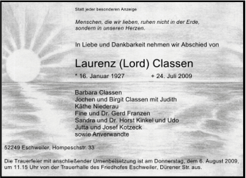 Traueranzeige von Laurenz Lord Classen von Aachener Zeitung / Aachener Nachrichten