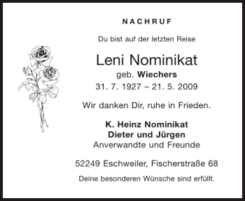Traueranzeige von Leni Nominikat von Aachener Zeitung / Aachener Nachrichten