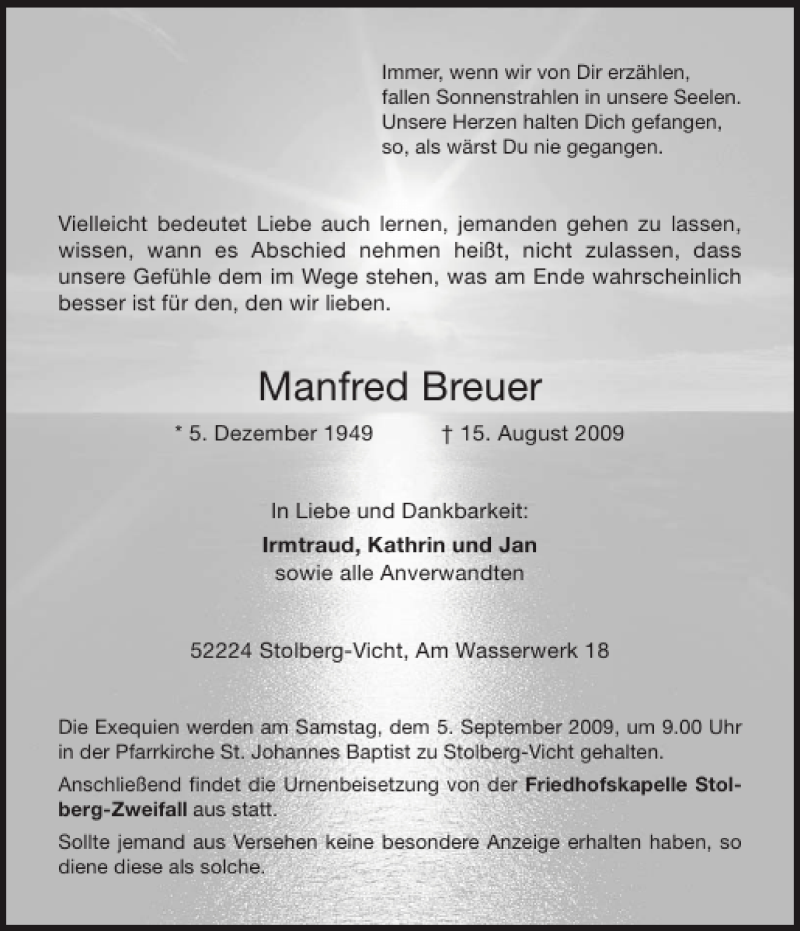  Traueranzeige für Manfred Breuer vom 29.08.2009 aus Aachener Zeitung / Aachener Nachrichten