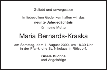 Traueranzeige von Maria Bernards-Kraska von Aachener Zeitung / Aachener Nachrichten