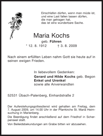 Traueranzeige von Maria Kochs von Aachener Zeitung / Aachener Nachrichten