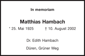 Traueranzeige von Matthias Hambach von Aachener Zeitung / Aachener Nachrichten