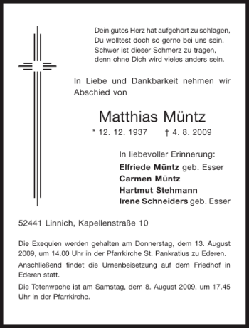 Traueranzeige von Matthias Müntz von Aachener Zeitung / Aachener Nachrichten