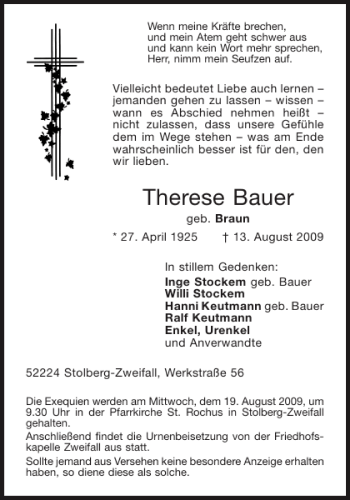 Traueranzeige von Therese Bauer von Aachener Zeitung / Aachener Nachrichten