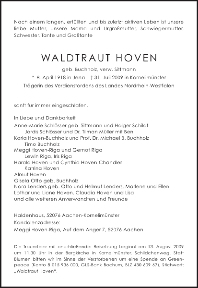  Traueranzeige für WALDTRAUT HOVEN vom 08.08.2009 aus Aachener Zeitung / Aachener Nachrichten
