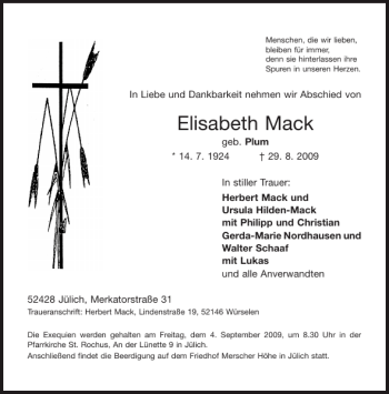 Traueranzeige von Elisabeth Mack von Aachener Zeitung / Aachener Nachrichten
