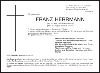 Traueranzeige von FRANZ HERRMANN von Aachener Zeitung / Aachener Nachrichten