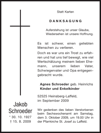 Traueranzeige von Jakob Schroeder von Aachener Zeitung / Aachener Nachrichten