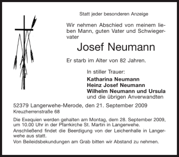 Traueranzeige von Josef Neumann von Aachener Zeitung / Aachener Nachrichten