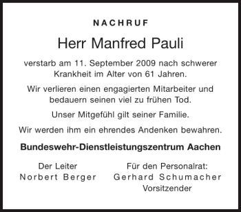 Traueranzeige von Manfred Pauli von Aachener Zeitung / Aachener Nachrichten