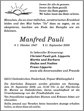 Traueranzeige von Manfred Pauli von Aachener Zeitung / Aachener Nachrichten
