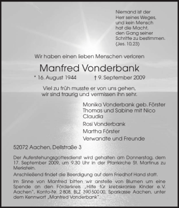 Traueranzeige von Manfred Vonderbank von Aachener Zeitung / Aachener Nachrichten