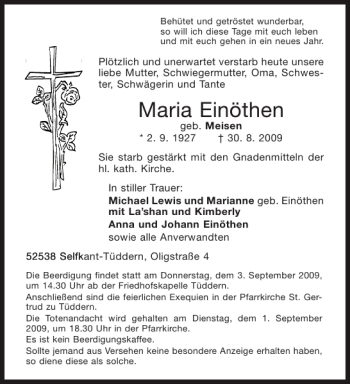 Traueranzeige von Maria Einöthen von Aachener Zeitung / Aachener Nachrichten