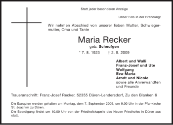 Traueranzeige von Maria Recker von Aachener Zeitung / Aachener Nachrichten