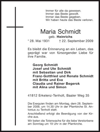 Traueranzeige von Maria Schmidt von Aachener Zeitung / Aachener Nachrichten