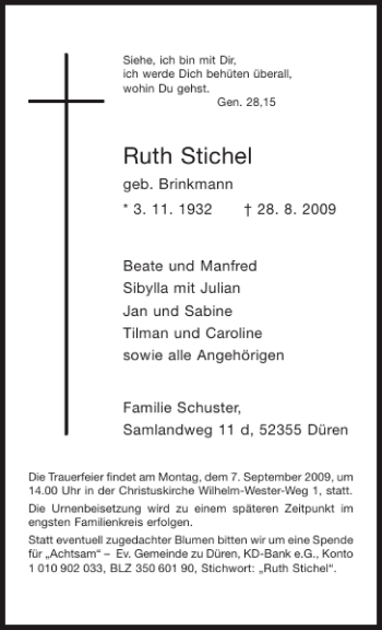 Traueranzeige von Ruth Stichel von Aachener Zeitung / Aachener Nachrichten