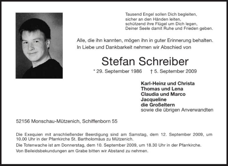  Traueranzeige für Stefan Schreiber vom 09.09.2009 aus Aachener Zeitung / Aachener Nachrichten