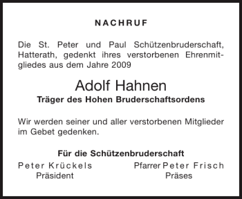 Traueranzeige von Adolf Hahnen von Aachener Zeitung / Aachener Nachrichten