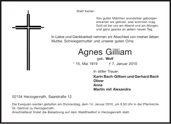 Traueranzeige von Agnes Gilliam von Aachener Zeitung / Aachener Nachrichten