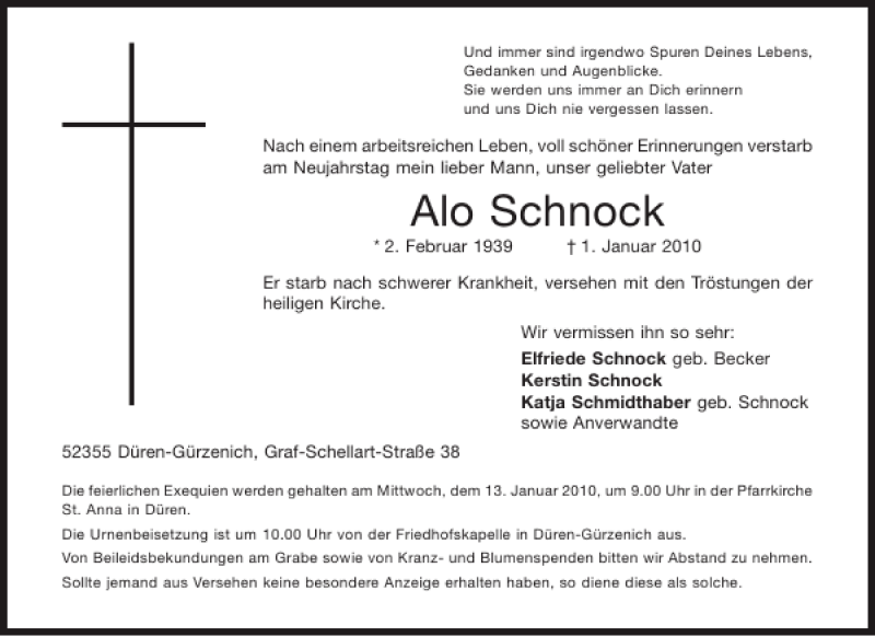  Traueranzeige für Alo Schnock vom 09.01.2010 aus Aachener Zeitung / Aachener Nachrichten