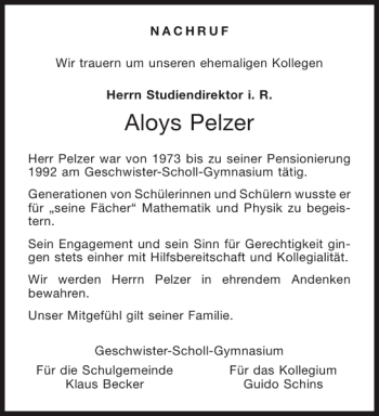 Traueranzeige von Aloys Pelzer von Aachener Zeitung / Aachener Nachrichten