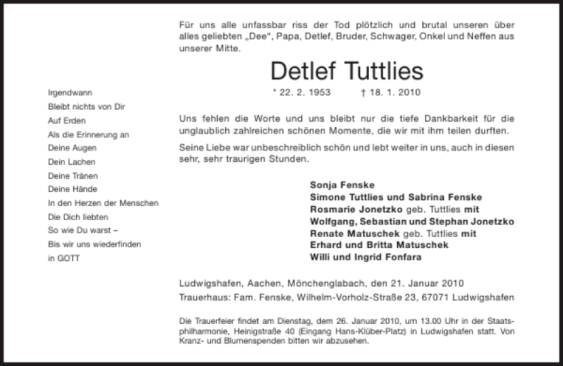  Traueranzeige für Detlef Tuttlies vom 21.01.2010 aus Aachener Zeitung / Aachener Nachrichten