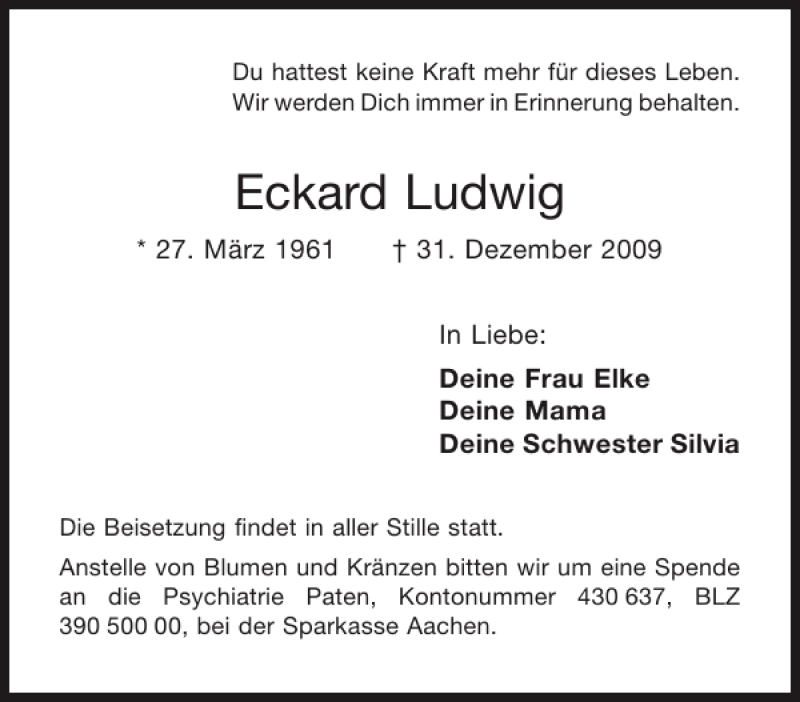  Traueranzeige für Eckard Ludwig vom 09.01.2010 aus Aachener Zeitung / Aachener Nachrichten