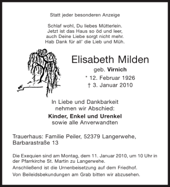 Traueranzeige von Elisabeth Milden von Aachener Zeitung / Aachener Nachrichten
