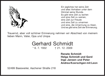 Traueranzeige von Gerhard Schmidt von Aachener Zeitung / Aachener Nachrichten