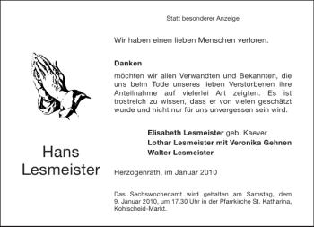 Traueranzeige von Hans Lesmeister von Aachener Zeitung / Aachener Nachrichten