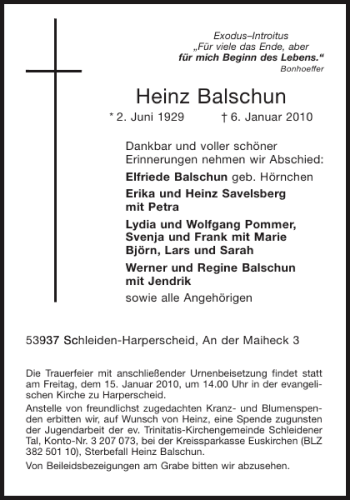 Traueranzeige von Heinz Balschun von Aachener Zeitung / Aachener Nachrichten